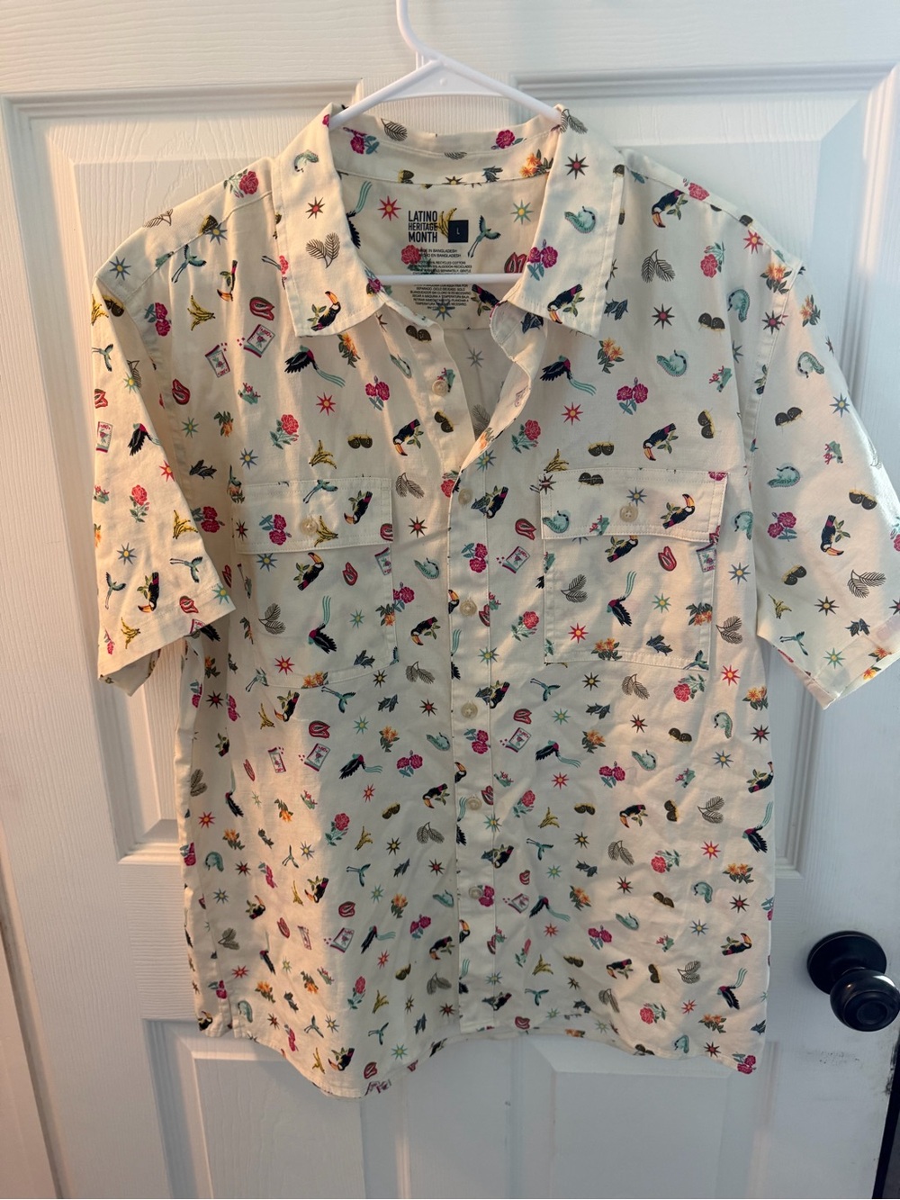 Short Sleeve Printed Camp Shirt - Cream with Multicolor Icons